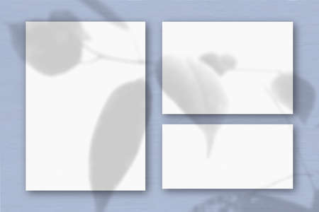 Several horizontal and vertical sheets of white textured paper on the background of a blue wall....
