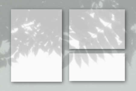 Several horizontal and vertical sheets of white textured paper on the background of a grey wall....