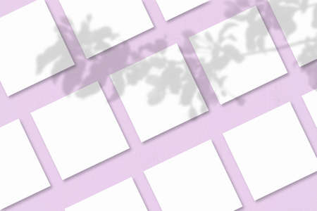 Several square sheets of white textured paper against a pink wall background. Mockup with an overlay...