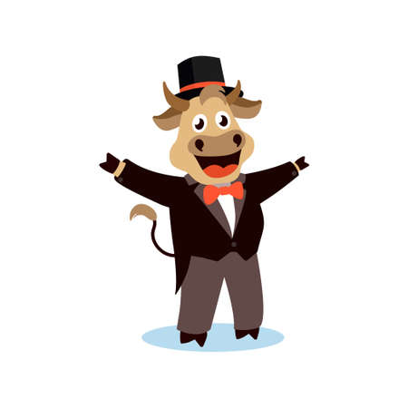Cute cartoon bull in a tailcoat on a white isolated background. Vector illustration with the symbol of the Chinese New year 2021.のイラスト素材