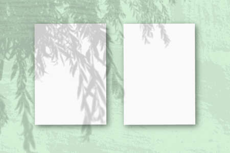 2 vertical sheets of textured white paper on soft green table background. Mockup with an overlay of...