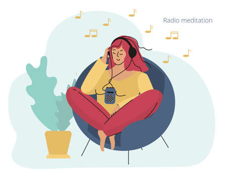 A girl with headphones sitting in a chair. Relaxation and meditation. Vector illustration for banner, flyer, adのイラスト素材