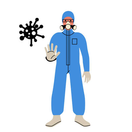 A full-length man in a protective suit, mask and glasses on a white isolated background. Protection from the virus. Vector illustration.のイラスト素材