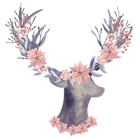 Deer antlers decorated with flowers, berries, sprigs of snow-like. Watercolor illustration.の写真素材