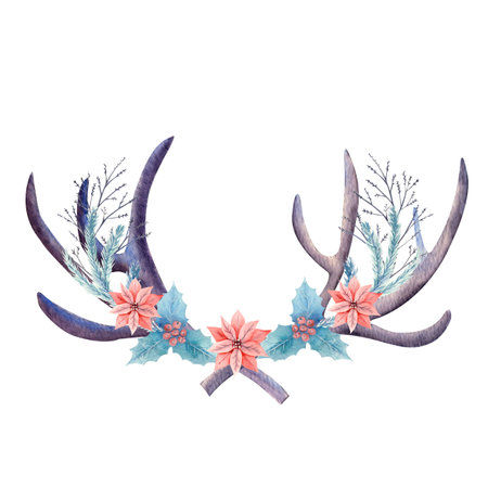 Deer antlers decorated with flowers, berries, sprigs of snow-like. Watercolor illustration.の写真素材