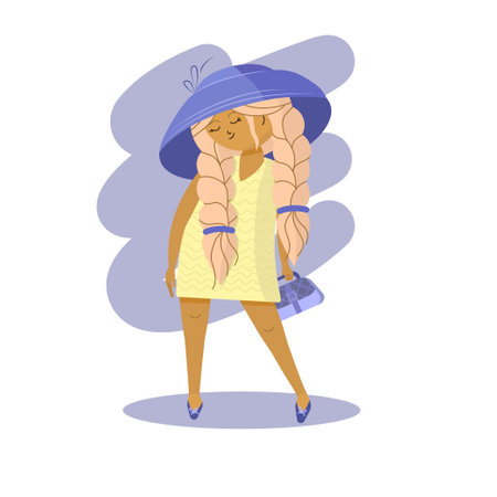 Fashionable girl with braids in a yellow dress and lilac hat with a handbag. Vector illustration.のイラスト素材