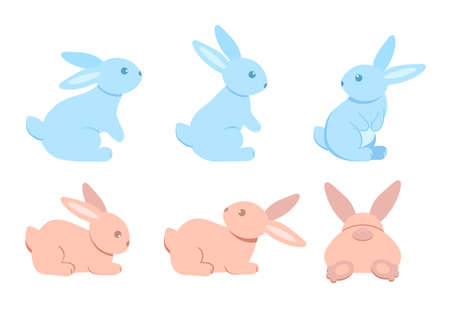 A set of cute rabbits. Six colored sitting and recumbent bunnies on a white background. Festive Easter bunnies. Vector illustration.のイラスト素材