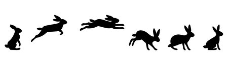 A set of rabbit jump phases. The hare sits, prepares to jump, jumps, lands. Black silhouette on a white background. Vector illustration.のイラスト素材