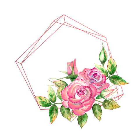 The geometric frame is decorated with flowers. Pink roses, green leaves, open and closed flowers. Delicate watercolor illustrationの写真素材