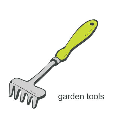 Garden small rake in doodle style on white background. Garden tools. Vector illustration.のイラスト素材