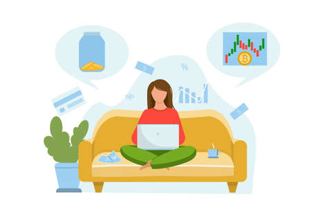 The girl sits on the couch and thinks about where to invest the money. Invest your money in cryptocurrency or leave it at home in a glass jar. Vector flat illustrationのイラスト素材