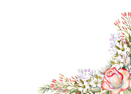 Horizontal frame with watercolor rose flowers, leaves, decor. For the design of greeting cards, invitations, etcの写真素材