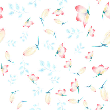 Seamless pattern with pink hellebore flowers, buds, leaves, decorative twigs on white isolated ....