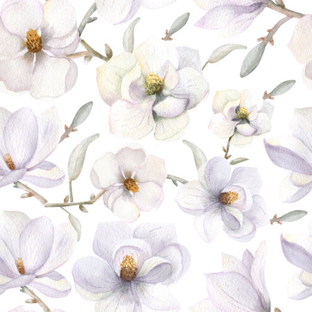 Seamless patterns with magnolia flowers in boho style on a white isolated background. Watercolor illustrationの写真素材