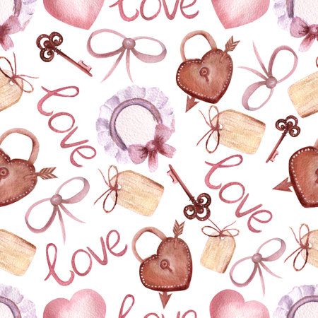 Seamless patterns with the inscription love, hearts, tag, locks and keys in boho style on a white isolated background. Watercolor illustrationの写真素材