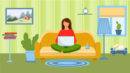 A girl with a laptop sits on the couch, in the room. Vector illustrationのイラスト素材