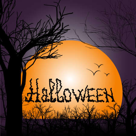 Halloween calligraphy with night landscape. Vector illustration for greeting card, party invitation, sale poster or web banner.のイラスト素材