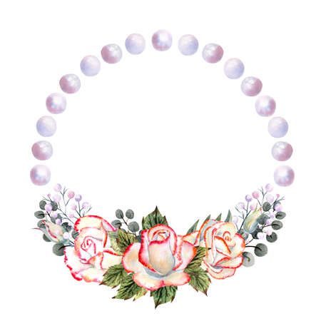 Round frame with watercolor pink roses, leaves and pearls. Watercolor illustrationの写真素材