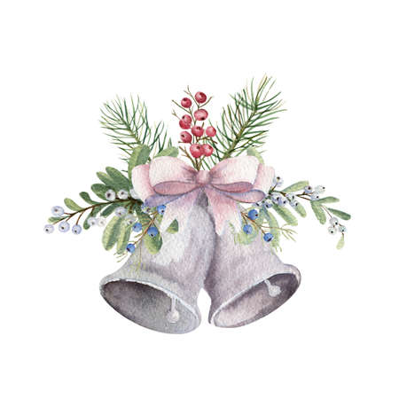 Bells with winter decor - fir branches, berry twigs, omela, etc. Watercolor illustration on a white isolated backgroundの写真素材
