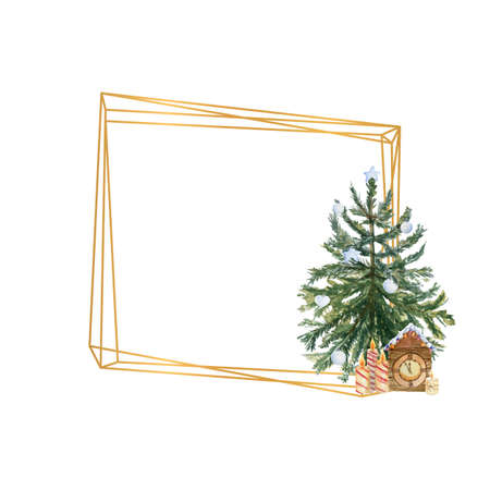 Geometric gold frame with a Christmas tree, candles, holly flowers and winter decor. Watercolor illustrationの写真素材