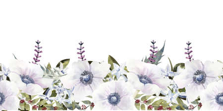 Seamless border with purple roses and anemones. Hand-drawn watercolor illustrationの写真素材