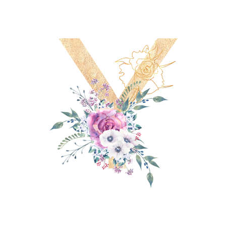 Golden letter y of the English alphabet with a bouquet of purple roses and anemones on a white isolated background. Hand-drawn watercolor illustrationの写真素材