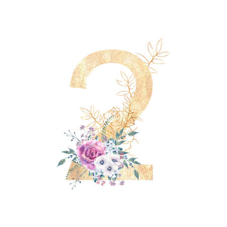 Design of a goldennumber 2 with flower bouquets of purple roses, anemones, etc. decor . Watercolor illustration on a white background. Wedding and birthday invitationsの写真素材
