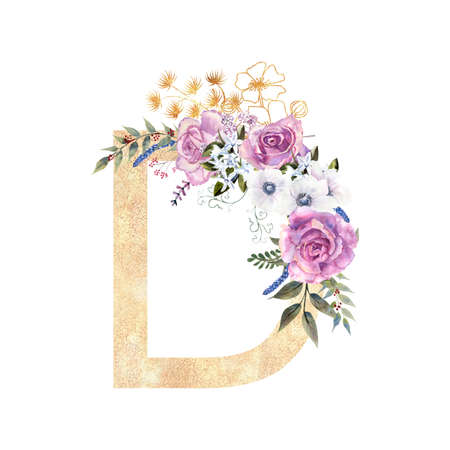 Golden letter D of the English alphabet with a bouquet of purple roses and anemones on a white isolated background. Hand-drawn watercolor illustrationの写真素材
