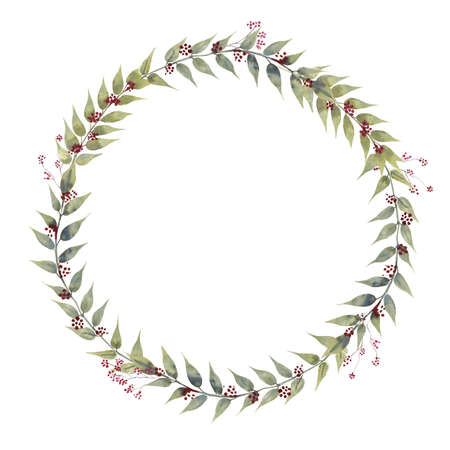 A wreath with twigs and berries on a white isolated background. Hand-drawn watercolor illustrationの写真素材