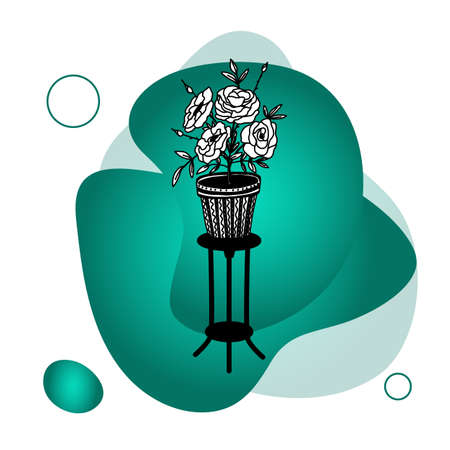 Potted flowers on a stand, home decor on a colored background. Hand-drawn, linear black-and-white sketch. Large indoor plants outdoors. Vector illustration.のイラスト素材