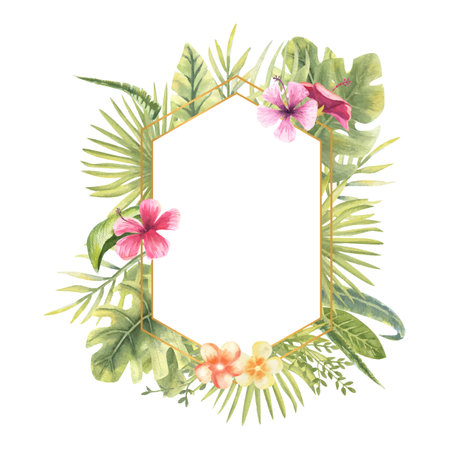 Vector illustration of a hexagonal frame with tropical plants. Monster, banana leaves, hibiscus, etc. Floral watercolor. For the design of greeting cards, invitations.のイラスト素材