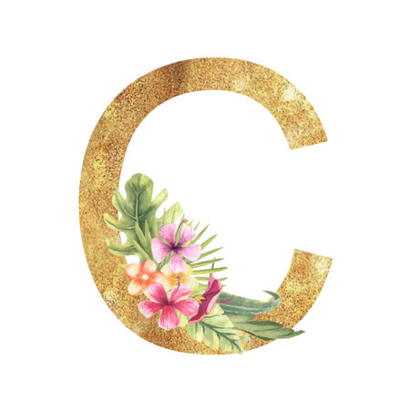 Golden letter C of the English alphabet with a watercolor bouquet of tropical leaves and flowers. Hand-drawn vector illustration.のイラスト素材