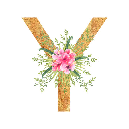 Golden letter Y of the English alphabet with a watercolor bouquet of tropical leaves and flowers. Hand-drawn vector illustration.のイラスト素材