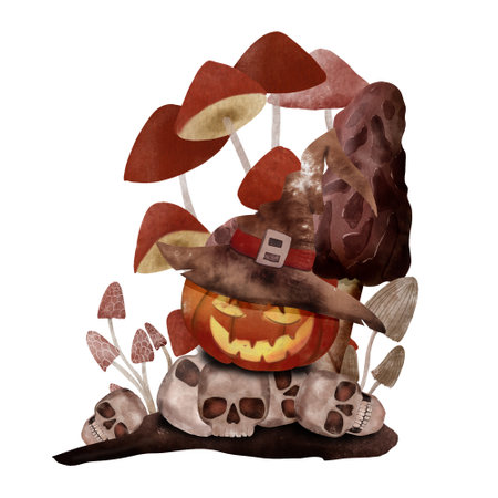 Scary pumpkin in a hat, toadstools, skulls. Watercolor illustration for Halloween on a white isolated background.の写真素材