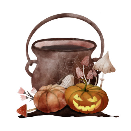 Witchs cauldron, pumpkins for Halloween.の写真素材