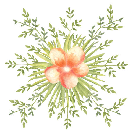 Bouquet of tropical flowers and leaves in watercolor. Vector illustration.のイラスト素材