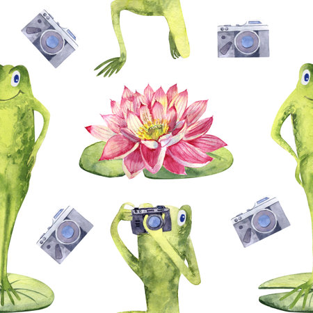 Watercolor Funny Frogs. Seamless patterns.の写真素材