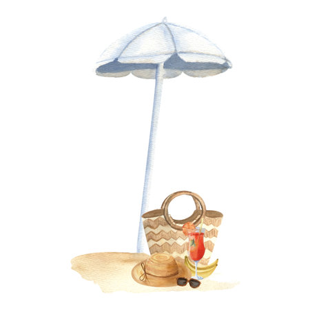 Beach accessories cocktail, hat, bag and sunglasses under a beach umbrella. Watercolor illustration.の写真素材