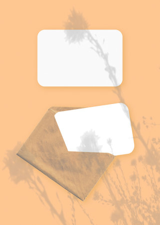 The shadow of wildflowers falls on an envelope with two sheets of textured white paper on a orange background. Mockup vertical orientation.の写真素材