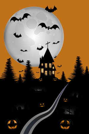 Halloween night house on the hill. Cemetery and smiling pumpkins. Vector illustration.のイラスト素材