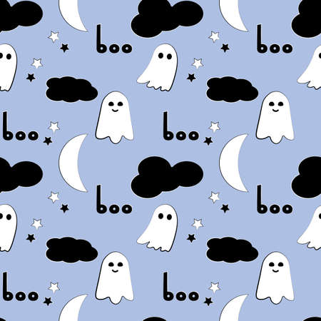 Seamless halloween pattern. Ghosts and clouds on a blue background. Vector illustrationのイラスト素材