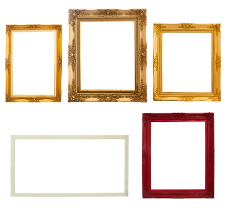 Wooden photo frame collection isolated on white backgroundの写真素材