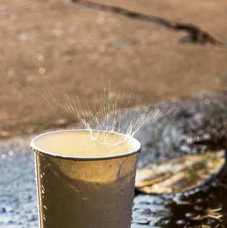 Wafer splashing from white cup on daylightの写真素材