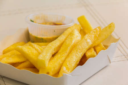french fries on food paper containerの写真素材