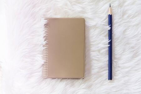 blue pencil with notebook on white carpetの写真素材