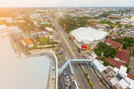 automobile congestion on road in city at rush time, bird eye viewの写真素材