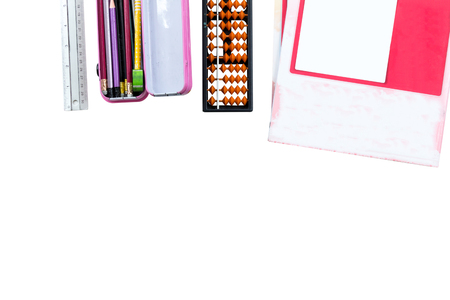 pencil on box, brown abacus with book isolated on white background