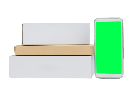 new smart phone with green screen with boxes isolated with backgroundの写真素材