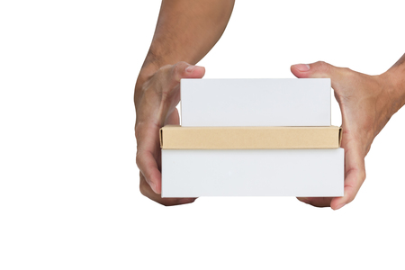 hand holding empty boxes isolated with white backgroundの写真素材