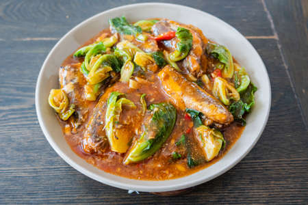 Fried canned fish mix with vegetables, a little spicy taste for Thai food